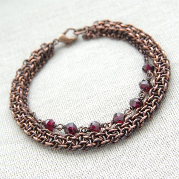 garnet jewelry, garnet bracelet, copper gifts, 2nd anniversary, 7th anniversary, January birthstone, copper jewelry