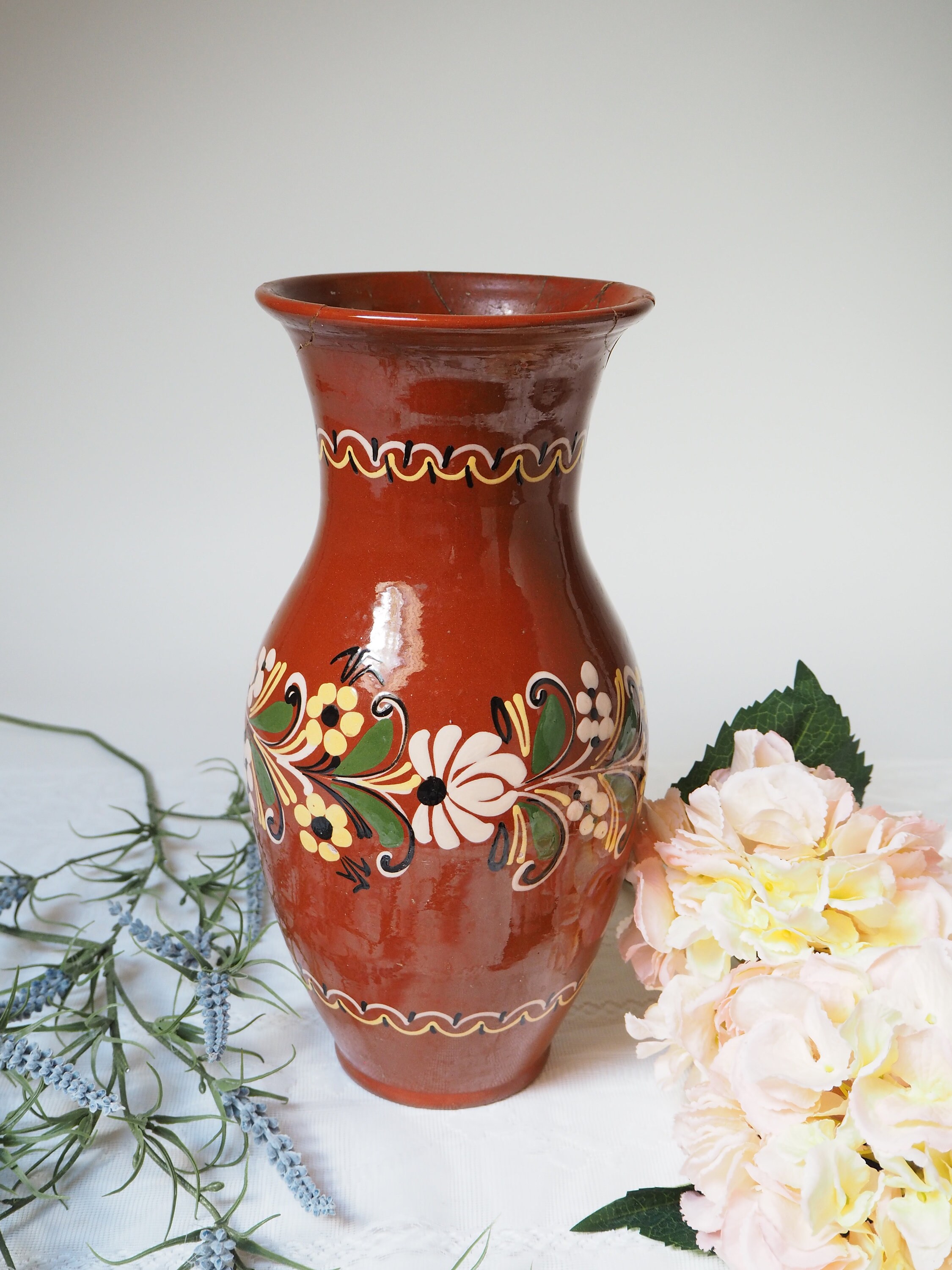 Vase Français Vintage Ancien Peint à La Main en Terre Cuite Vernie/Décoration Rétro Poterie Grès Anc