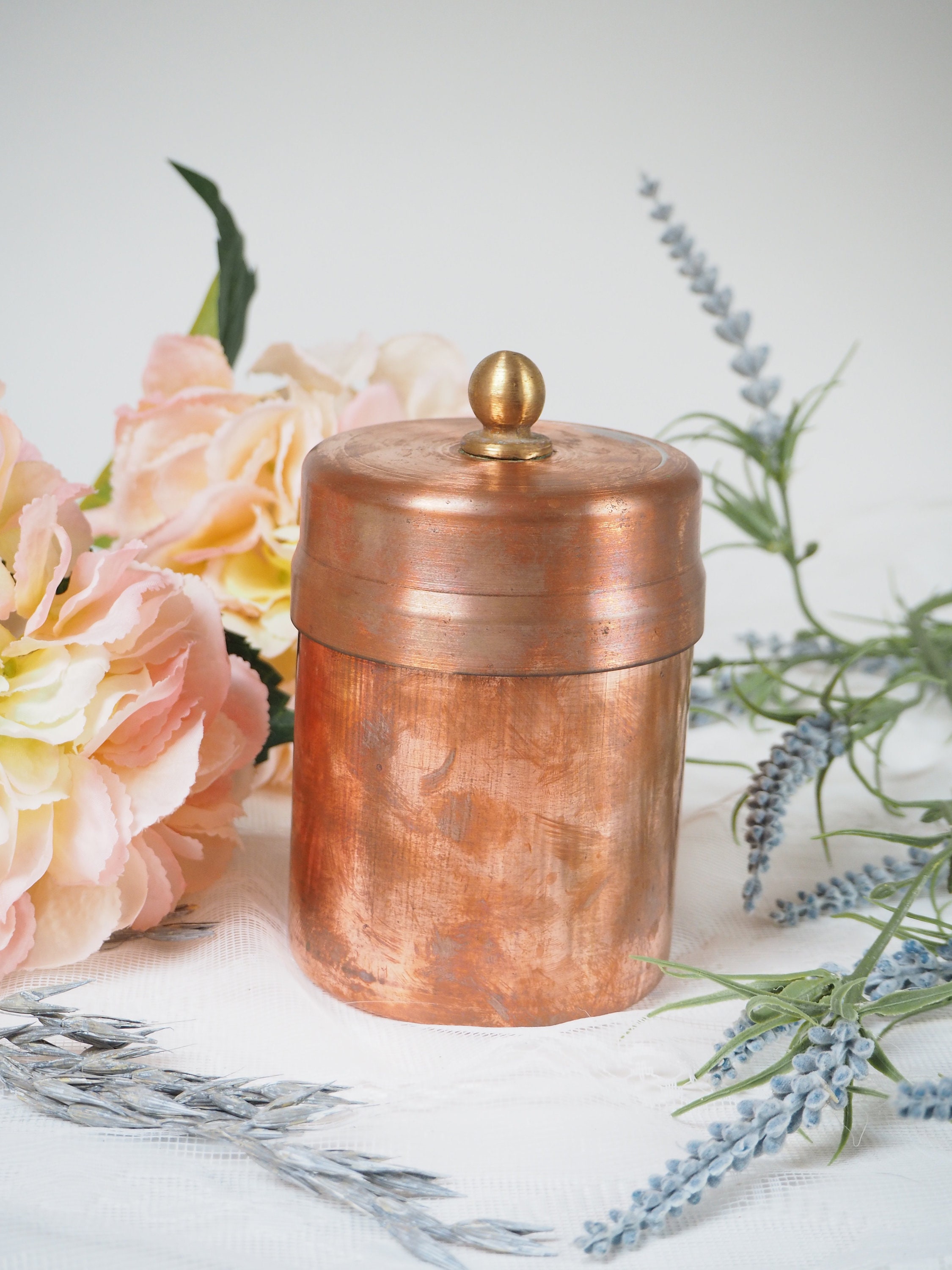 Boîte de Rangement à Épices Vintage en Cuivre avec Couvercle et Poignée/Décoration Cuisine Ancienne 