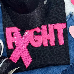 Pink Fight Ribbon Sequin Chenille Iron On Patch
