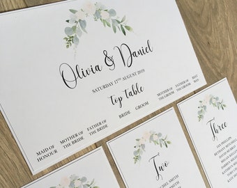 Greenery Table Plan Cards, Individual Table Plan Arrangement Cards for Rustic wedding. Simple and elegant design