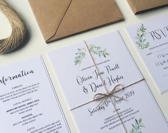 Greenery Wedding Invitation set. Simple and elegant wedding invitations with green leaves and flower design. Rustic twine and boho flowers