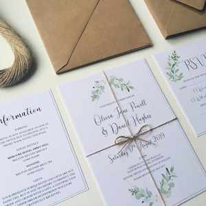 Greenery Wedding Invitation set. Simple and elegant wedding invitations with green leaves and flower design. Rustic twine and boho flowers