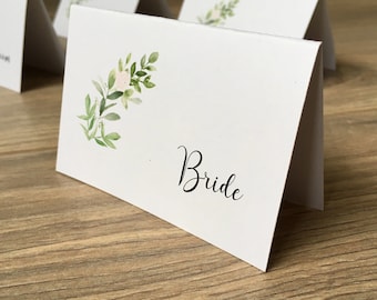 Greenery Wedding Place Card / Escort Cards -  On white card with watercolour foliage print