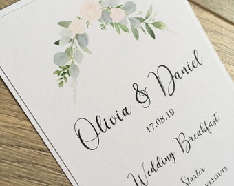 Greenery Menu Cards. White elegant wedding menu with greenery foliage