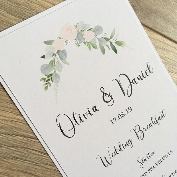 Greenery Menu Cards. White elegant wedding menu with greenery foliage