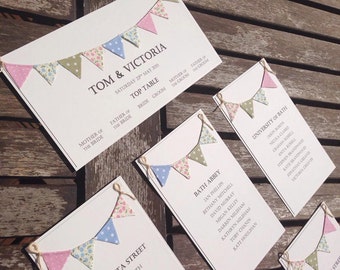 Table Plan Cards, Individual Table Plan Arrangement Cards for Rustic country wedding. Ivory Card with country cottage bunting