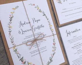 Wedding Invitation set. Botanics - Rustic wildflowers wedding invitations with flower design. Rustic twine and boho flowers