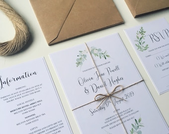 Printable wedding invitation Set. Vintage Botanical Wedding Invitations with greenery