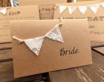 Rustic Wedding Place Card / Escort Cards - Lace Bunting - Vintage Rustic lace mini Bunting on recycled Kraft card