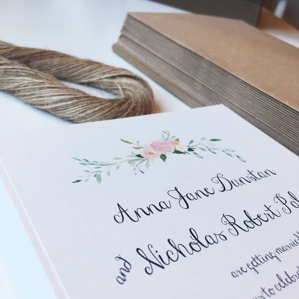 Rustic Wedding Invitation. Floral watercolour boho flowers wedding invitation set