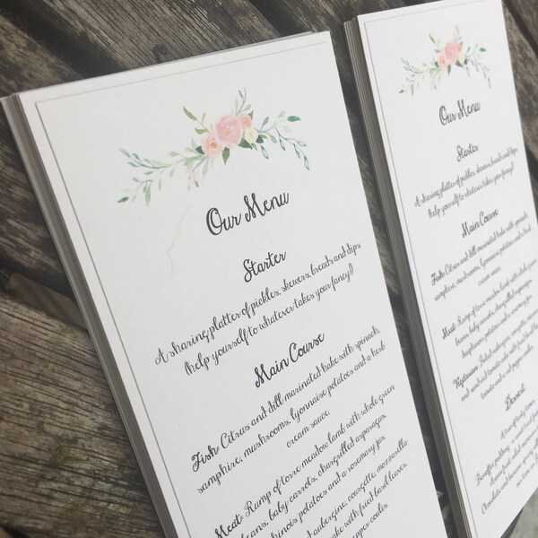 Menu Cards. Rustic wedding menu with floral print