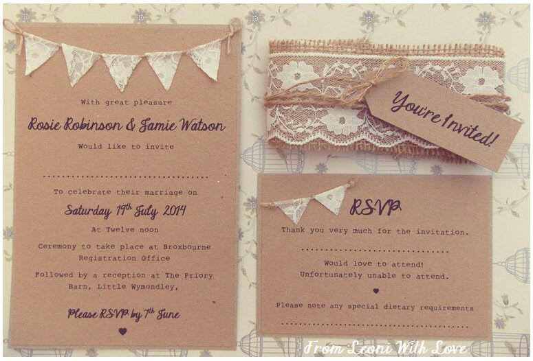 Lace Rustic Wedding Invitation Lace Bunting on Kraft Card with | Etsy