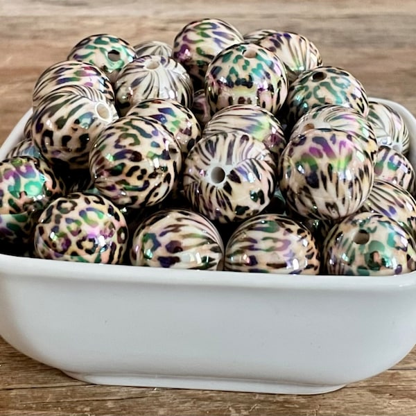 20mm Light Brown Leopard Print UV/AB Bubblegum Chunky Bead, 10 Count