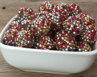 20mm Red Gold Silver Confetti Rhinestone Bubblegum Chunky Bead, 10 Count