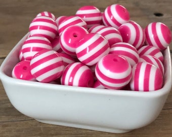 20mm Hot Pink and White Stripe Bubblegum Chunky Bead, 10 Count