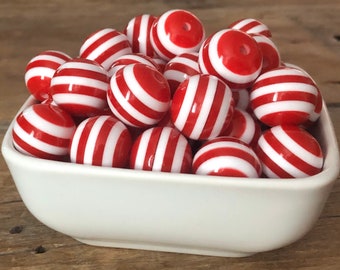 20mm Red and White Stripe Bubblegum Chunky Bead, 10 Count