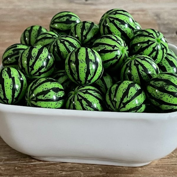 20mm Green and Black Watermelon Rind Bubblegum Chunky Bead, 10 Count