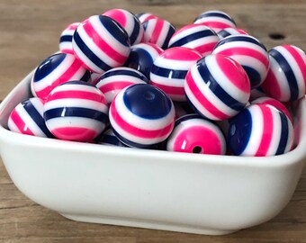 20mm Bright Hot Pink, Navy Blue, and White Striped Bubblegum Chunky Bead, 10 Count