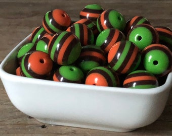 20mm Fall Orange Brown Green Stripe Bubblegum Chunky Bead, 10 Count