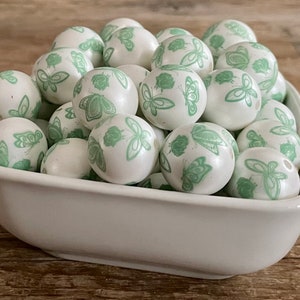 20mm Matte White with Mint Butterflies and Flowers Printed  Chunky Bead, 10 Count