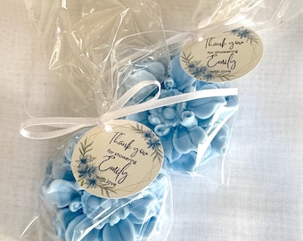 Personalized Blue Flower Soap Favors Bridal Shower Baby Shower Wedding Guest Soaps, Floral Soap Favors Custom Thank You tag - US Tariff Free