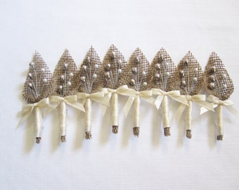 Rustic Boutonniere - Wedding Boutonnieres - Set of 8, Pearl burlap boutonnieres, Groom and Groomsman boutonnieres