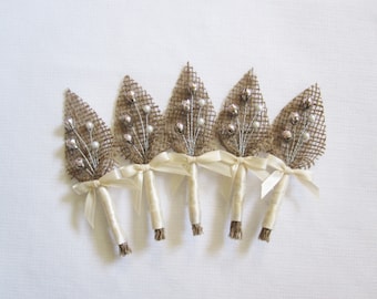 Set of 5 Pearl burlap boutonnieres, Best man boutonnieres, Father of bride and groom boutonnieres, Groomsman boutonnieres