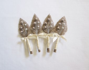 Groom and Best Man Wedding Boutonnieres - Pearl Burlap Boutonnieres - Groom and groomsman Buttonholes - Rustic Boutonniere  - set of 3