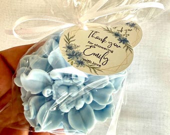 Personalized Bridal Shower Blue Flower Soap Favors Baby Shower Wedding Guest Soaps, Floral Soap Favors Custom Thank You tag - US Tariff Free