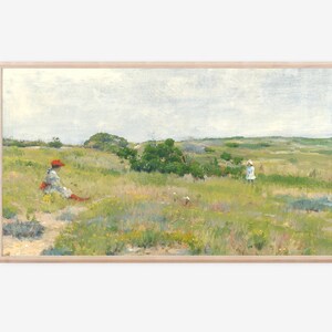 May include: A painting of a grassy field with two figures in the distance. One figure is wearing a red hat and the other is wearing a white dress. The sky is a light blue with some clouds.