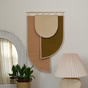 Hand Quilted Wall Hanging: Earth Tone Art Deco Arch Shapes, Hand Made Color Block Textile Wall Art - Adjustable 15 x 24