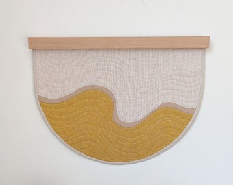 Quilted Wall Hanging - Yellow Ochre Striations Abstract Landscape Wall Quilt with Rounded Bottom - Textile Art with Wooden Hanger