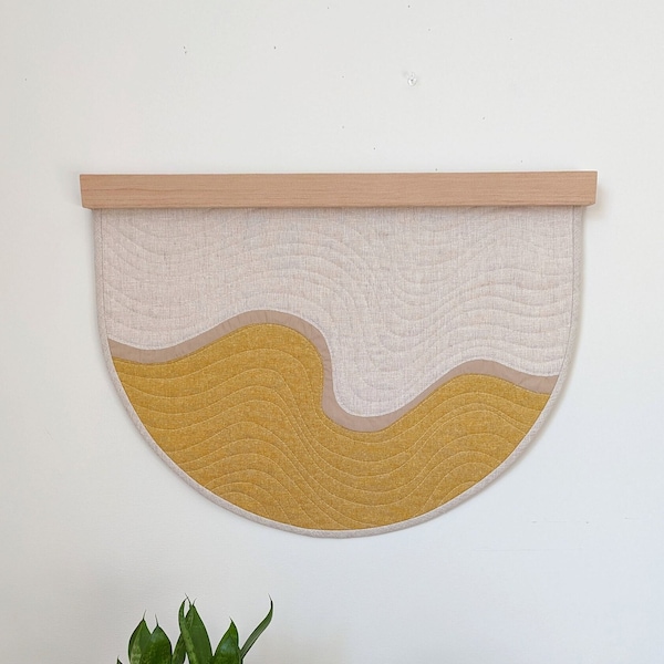 Quilted Wall Hanging - Yellow Ochre Striations Abstract Landscape Wall Quilt with Rounded Bottom - Textile Art with Wooden Hanger