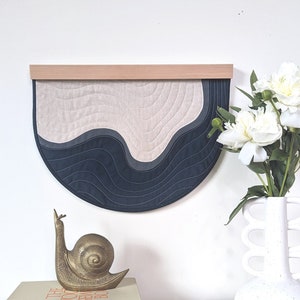 Quilted Wall Hanging - Dark Blue Striations Abstract Landscape Wall Quilt with Rounded Bottom - Textile Art with Wooden Hanger
