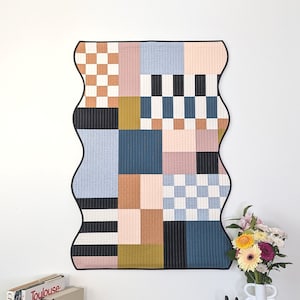 Etsy Design Awards 2024 Art Winner! Bold Wavy Shaped Wall Quilt, Modern Quilted Patchwork Squiggle Wall Hanging, Maximalist Textile Artwork