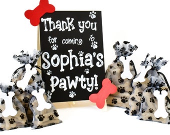 Paw Print Organza Bags with Handmade Tags for Dog Birthday Party