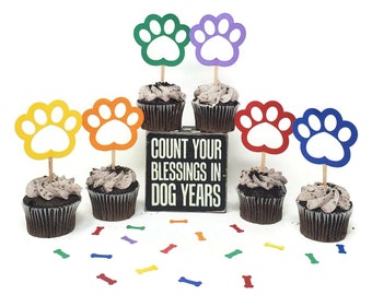 Paw Print Cupcake Toppers for Dog Birthday Party, Set of 6, Rainbow