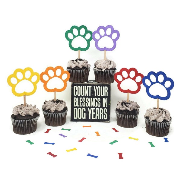 Paw Print Cupcake Toppers for Dog Birthday Party, Set of 6, Rainbow