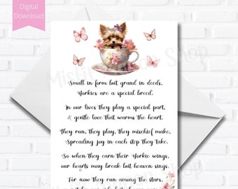 Printable Dog Sympathy Card for loss of Yorkie, Digital Download Condolence Card, Pet Loss Card, Loss of Dog Card, Downloadable Card