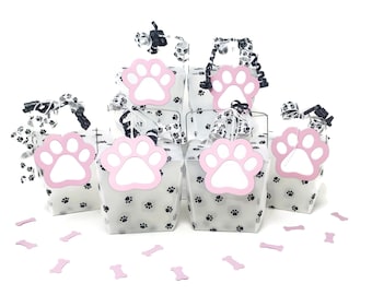 Pink Paw Print To Go Boxes for Dog Birthday Party, Puppy Party Favors, Set of 6