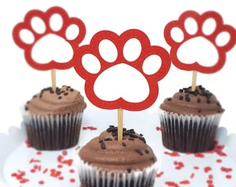 Paw Print Cupcake Toppers for Dog Birthday Party, Set of 6, Red