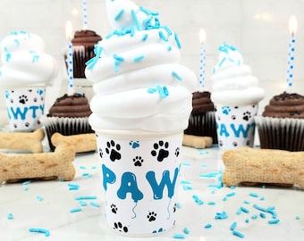 Puppuccino Cups, Dog Birthday Party Favors, Blue Paw Print (Set of 6)