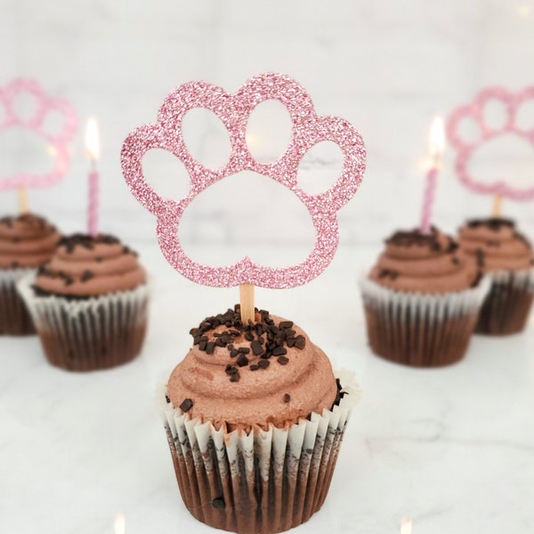 Paw Print Cupcake Toppers for Dog Birthday Party, Set of 6, Pink