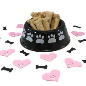 Dog Birthday Confetti – Pink Paw Print Hearts, Black Bones