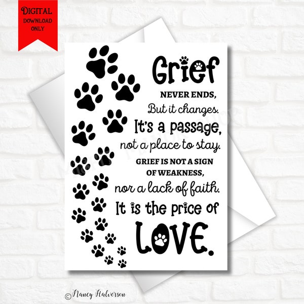 Printable Pet Loss Card, Dog Sympathy Card, Cat Sympathy Card, Pet Bereavement, Digital Download