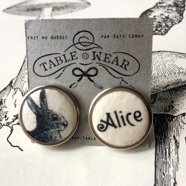 Boucles d'oreilles Alice au pays des merveilles et son lapin blanc Lewis Carroll katy Lemay Tablewear