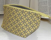 Small Wide Zipper Pouch, Handmade with Yellow & Gray cathedral fabric, Perfect for cosmetics, knitting, cross stitch, toiletries, "Grellow"