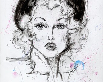 Lámina de vaquera pin-up (dibujo original a tinta) - Decoración de pared con glamour retro western