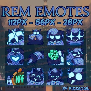 May include: A collection of digital art emotes featuring a stylized cat character in various poses and expressions. The emotes are in shades of blue and purple, with glowing accents. Text at the top reads "REM EMOTES" and "112PX - 56PX - 28PX".